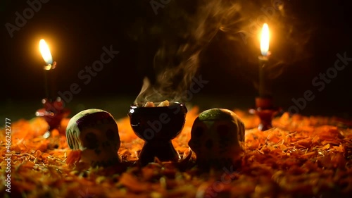 Incienso Ofrenda día de muertos calaveras velas flor de cempasúchil tradiciones  photo