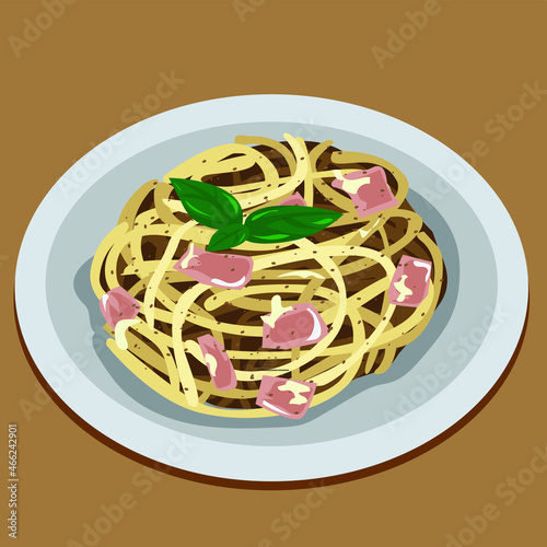 Illustration of Spaghetti Carbonara, sprinkled with ham, beautifully arranged leaves, pepper, sauce, mayonnaise, delicious, placed in a plate, white background.