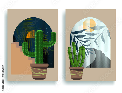 Cactus in terracotta pots . Boho art style . Vector illustration