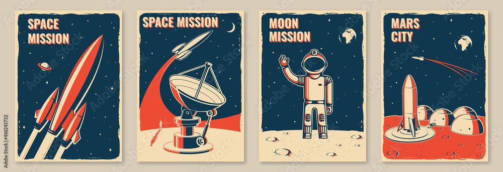 Mars city and space mission posters, banners, flyers. Vector Concept for shirt, print, stamp. Vintage typography design with space rocket, astronaut on the moon and city on mars silhouette.