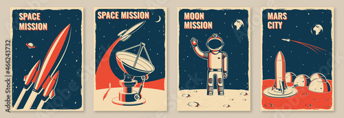Mars city and space mission posters, banners, flyers. Vector Concept for shirt, print, stamp. Vintage typography design with space rocket, astronaut on the moon and city on mars silhouette.