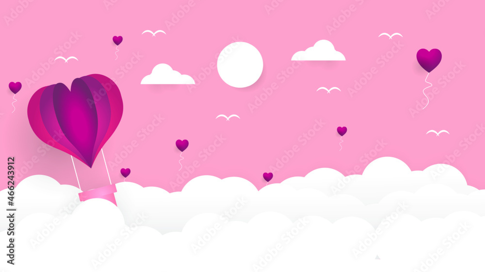 Valentines day greetings card with balloons flying with clouds vector.Heart hot air balloon flying.Love background.Cute paper cut design.posters,brochure,banners.Paper cut style. Space for your text