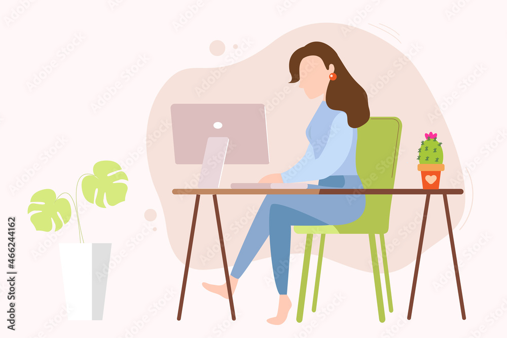 Woman sitting on the chair working on the laptop. Freelancer home workplace. Vector illustration in flat style