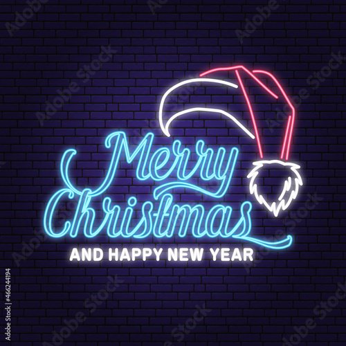 Merry Christmas and Happy New Year neon sign with Santa Claus winter hat. Vector Vintage typography design for xmas, new year 2022 emblem in retro style. Santa Claus red hat.