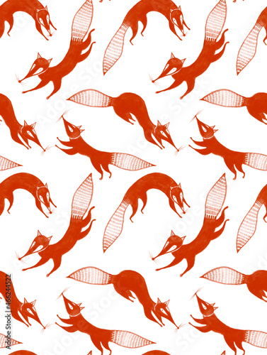 Seamless pattern with cute hand drawn stylized jumping red foxes isolated on white background. Artistic background in bright colors. © rom-anni
