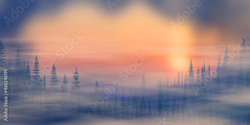 Picturesque morning view. Dawn,  forest in the fog.