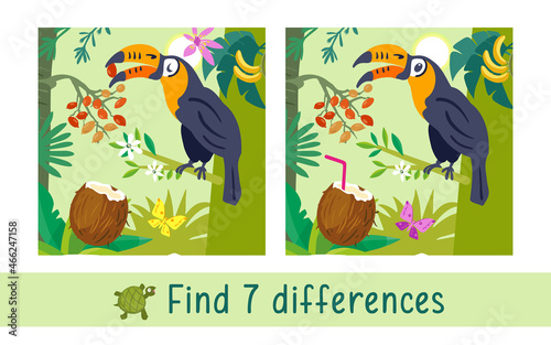 Toucan on branch in tropical forest. Find 7 differences. Game for children. Activity, vector.