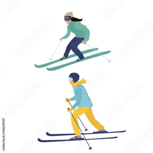 set of skiers Young woman or girl and boy riding on skis on snow, winter. Flat vector illustration in cartoon style. sport.