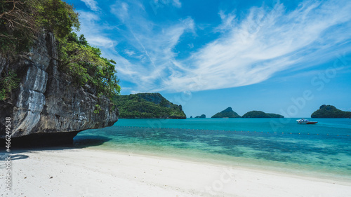 White sand beach rock formation island with turquoise water. Mae Ko Island, Mu Koh Ang Thong, near Samui, Thailand.