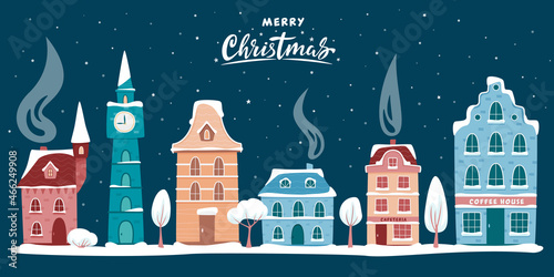 Winter old town street. Night city landscape with decorative old buildings and Merry Christmas sign. Winter town. Christmas town illustration. Vector illustration in flat style