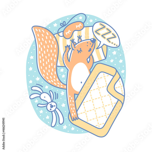 A cute little squirrel is sleeping with a toy. Baby animal illustration in doodle style. Funny cartoon character for nursery design. Isolated vector hand-drawn illustration for kids poster.