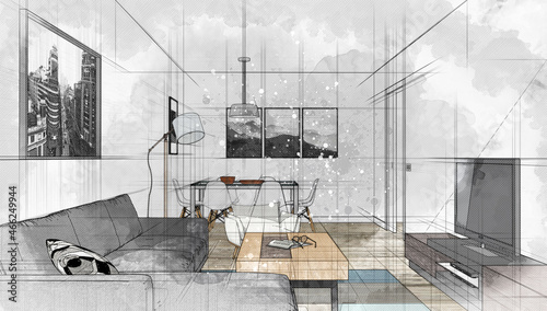 Computer generated image of a living room. Sketch Architectural Visualization. Real estate and technology concepts