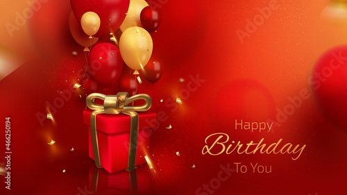 Luxury happy birthday card background with elements balloons and gift box and ribbon.