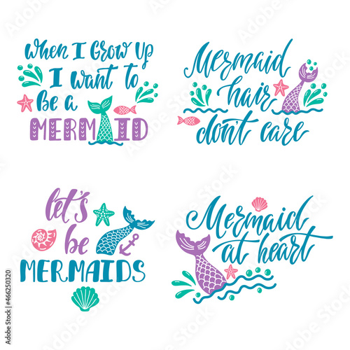 Set of hand drawn quotes about mermaids.