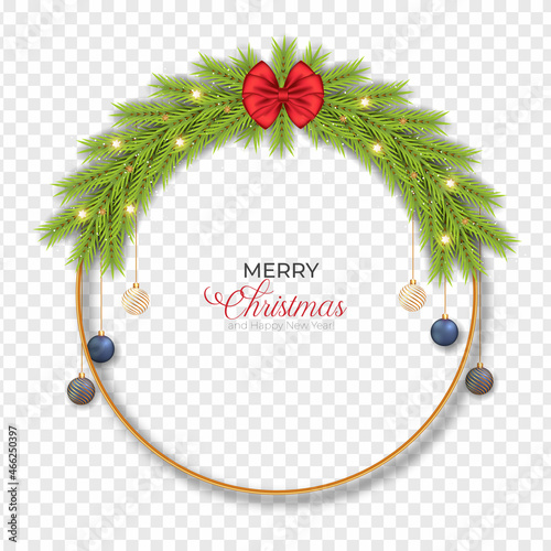 christmas frame Golden round shape with pine branch Christmas ball gift box and star
