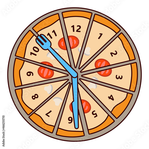 A clock in the form of a pizza. The pizza is divided into 12 parts, it symbolizes delivery time and working time.