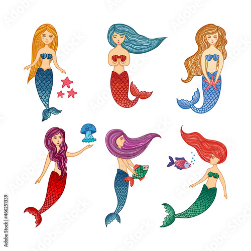 Set of cute cartoon mermaids. Vector illustration isolated.