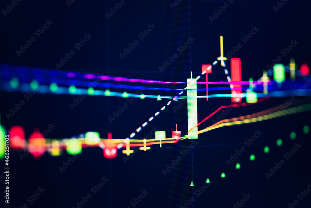Fundamental and technical analysis for professional technical trading as concept. Digital graph of financial instruments with some indicators including of MACD. EMA and the volume analysis.	
