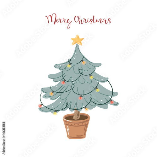 Christmas tree in brown flowerpot.