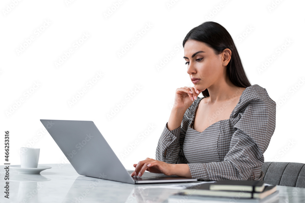 Thoughtful attractive brunette businesswoman wearing tweed forma Thoughtful attractive brunette businesswoman wearing tweed forma