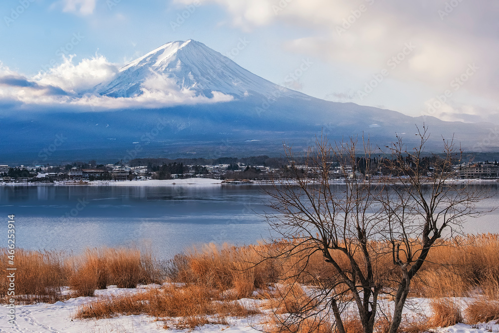 Fuji Mountain in winter cloudy snow day at Kawaguchiko Lake, Japan Fuji Mountain in winter cloudy snow day at Kawaguchiko Lake, Japan
