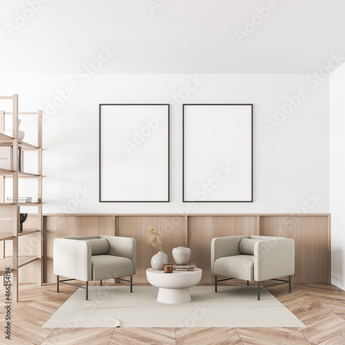 Bright office room interior with two empty white posters © ImageFlow