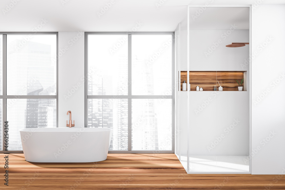 Fototapeta premium Bright bathroom interior with bathtub, shower, panoramic window