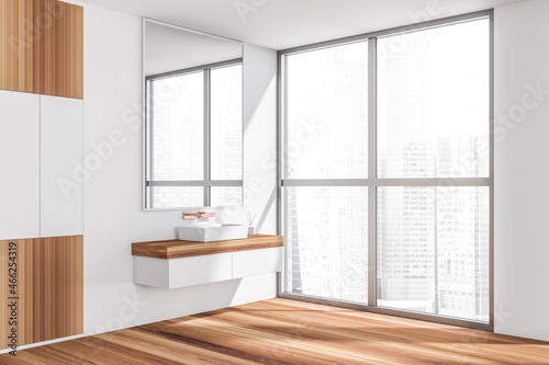 Corner view on bright bathroom interior with two sink  mirror