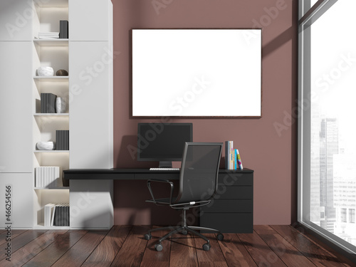 Business interior, armchair and table with computer, window. Mockup poster
