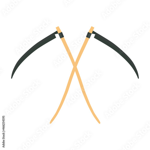 scythe isolated on white background. Scythe with wooden handle. Tools symbol.