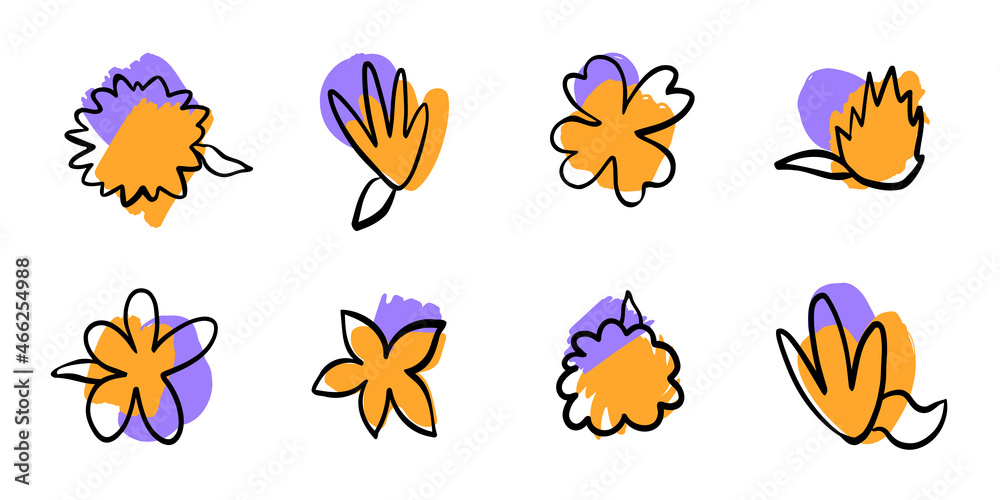Line drawn black flowers with colored abstract elements. Abstract shapes and flowers.Hand drawn Vector Set. Line drawn black flowers with colored abstract elements. Abstract shapes and flowers.Hand drawn Vector Set.