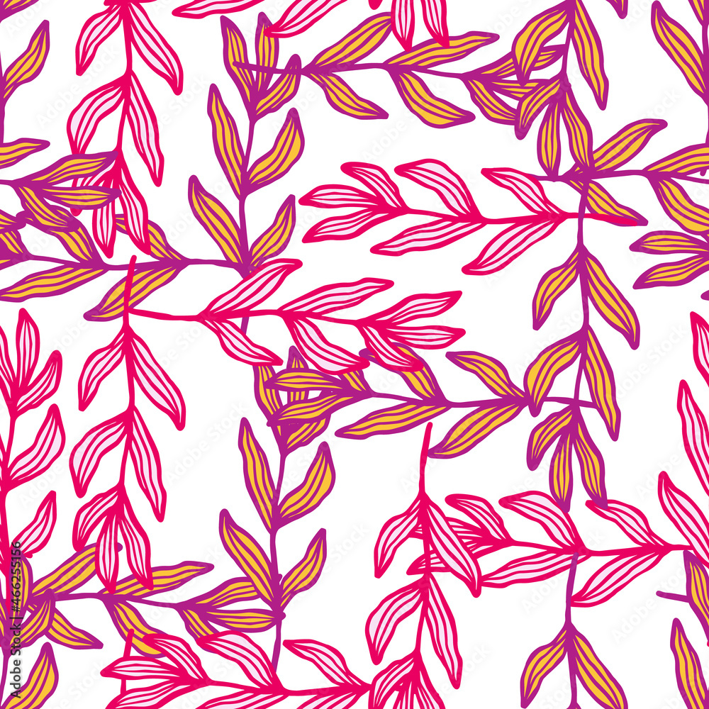 Fototapeta premium Creative outline pink branch with leaves seamless pattern .