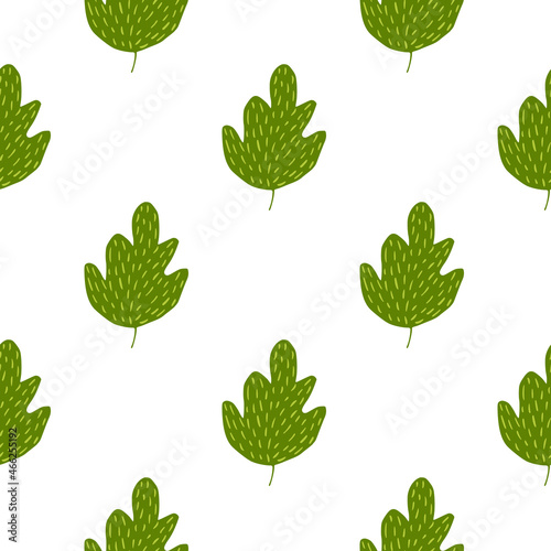 Nature green oak seamless pattern isolated on white background. Geometric foliage backdrop.