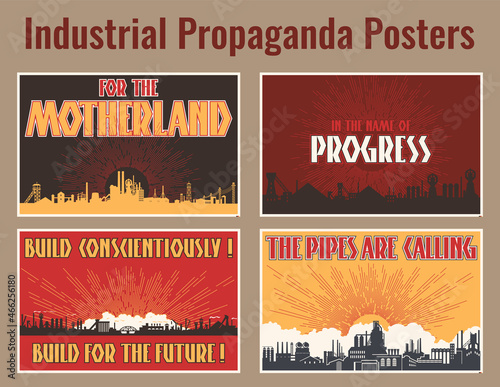 Industrial Propaganda Posters, Factory and Plant Silhouettes Retro Soviet Art style