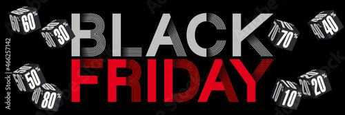 Affiche ou bannière noir et rouge, pour les soldes du Black Friday avec un typographie originale entourée de cube 3D avec des % de rabais des prix.