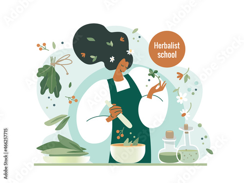 Girl pounding leaves of plants in a mortar herbalist school.Tea, herbal collection, vector illustration