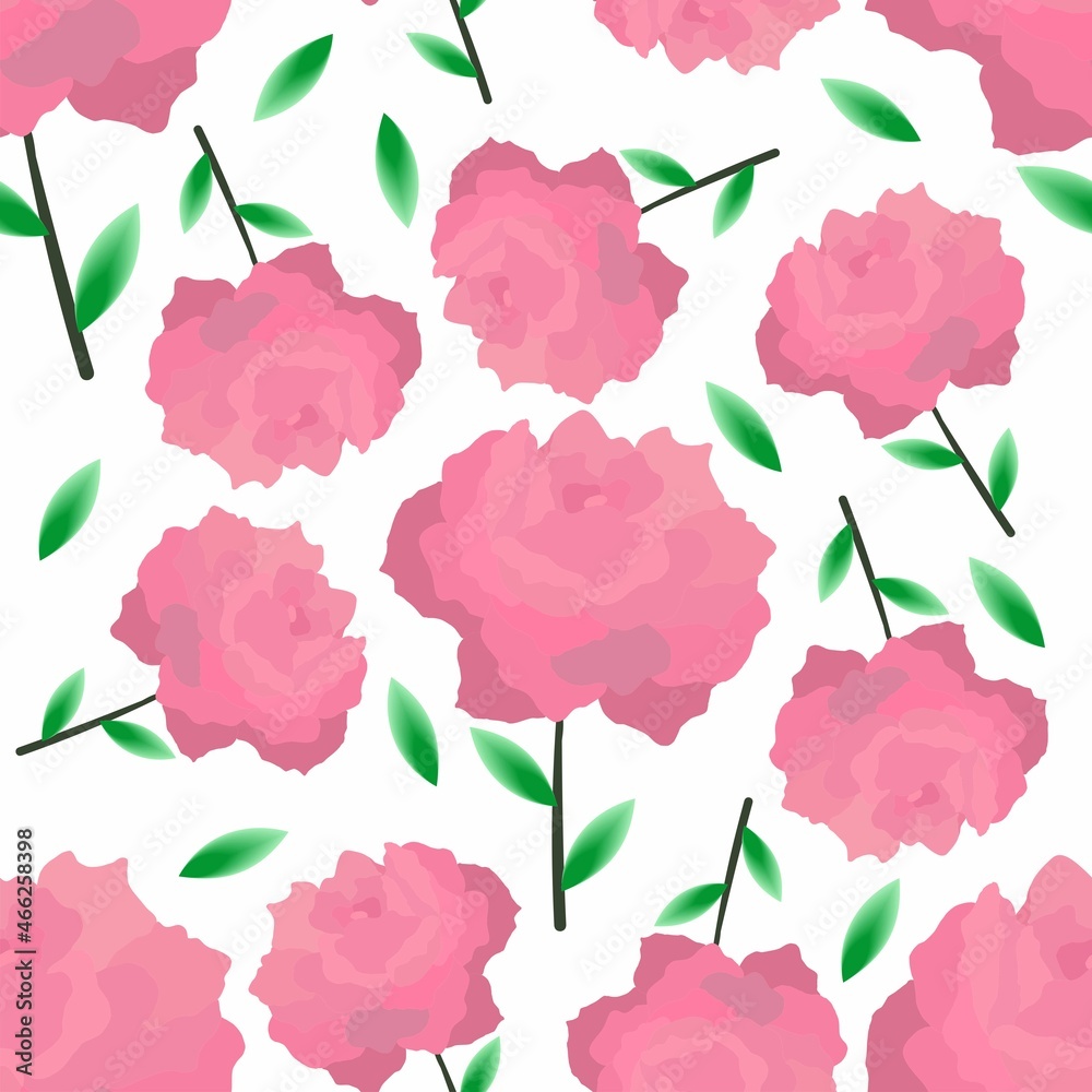 Vector seamless background with pink roses. Rose bud and green stem. Vector illustration. Floral pattern on a white background. Summer picture.