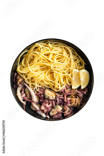 seafood pasta spaghetti mussel, squid, octopus, shrimp fresh meal snack copy space food background 