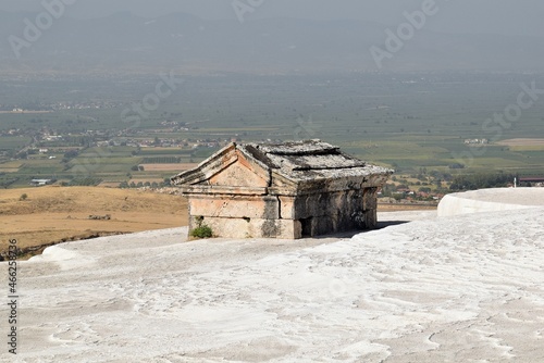 Tombs of sarcophagi on travertine Pamukkale. Ancient tombs. © Iryna