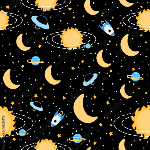 Galaxy seamless pattern with sun, planets and alien ufo, stars and constellations on dark background, colorful ornate for textile, astronomy theme, night sky