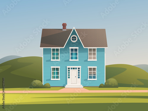 Beautiful blue house against the background of a rural landscape. Vector illustration