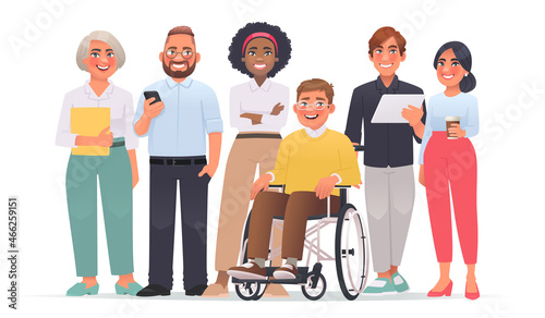 Business multinational team. A group of people, colleagues of different ages and races together.  Person with disability in a wheelchair