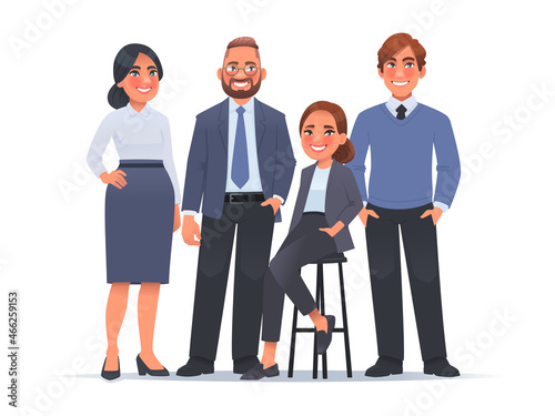 Business team. Group portrait of colleagues, smiling men and women stand together. Office employees of the company
