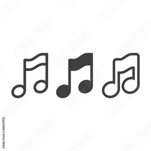 Nota musical en varios estilos gráficos. Símbolo música. Icono plano con relleno y líneas en color gris