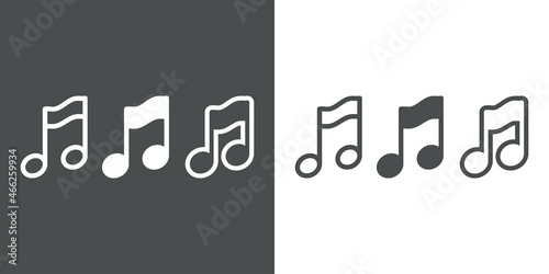 Nota musical en varios estilos gráficos. Símbolo música. Icono plano con relleno y líneas en fondo gris y fondo blanco