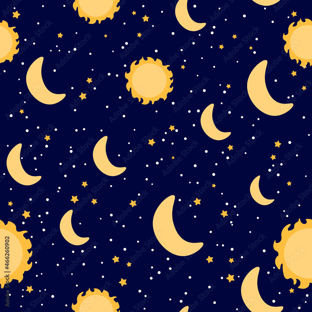Starry night seamless pattern with sun and moon on dark background, ornate for wrapping paper, bedding or textile, galaxy themed background in cartoon style Starry night seamless pattern with sun and moon on dark background, ornate for wrapping paper, bedding or textile, galaxy themed background in cartoon style