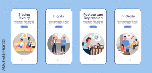 Family relationship problem onboarding mobile app screen flat vector template. Walkthrough website 4 steps with characters. Creative UX, UI, GUI smartphone cartoon interface, case prints set