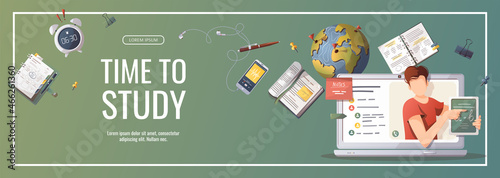 Laptop with teacher on the screen and study supplies. Studying, Online training, distance education, e-learning, tutorials and courses.  Vector illustration for poster, banner, flyer.