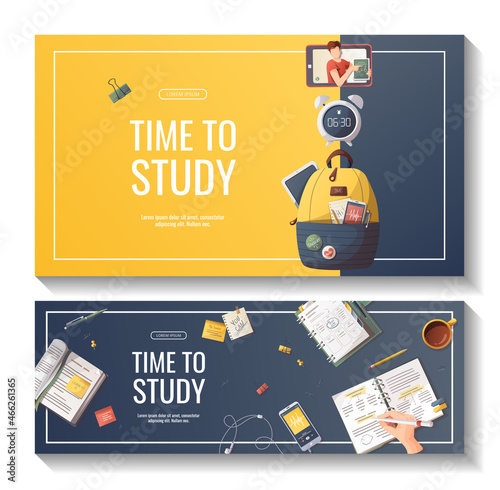 Set of banners with study supplies for Studying, education, learning, back to school, student, stationery. Vector illustration for poster, banner, flyer, advertising.