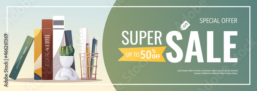 Flyer design with study supplies for Studying, education, learning, back to school, student, stationery. Vector illustration for poster, banner, cover, advertising.